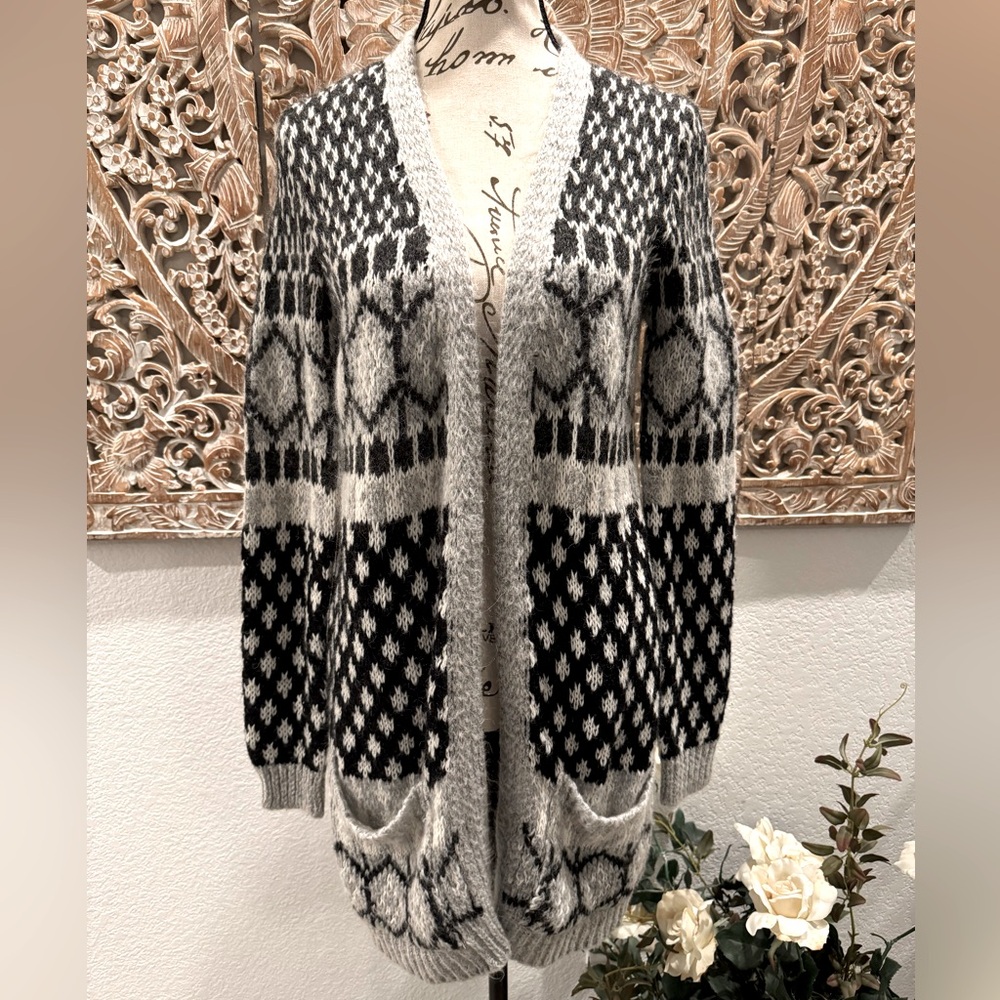 Lara Knit Black & Gray Mohair Wool Sweater Cardigan, Made in Italy 🇮🇹 - size M